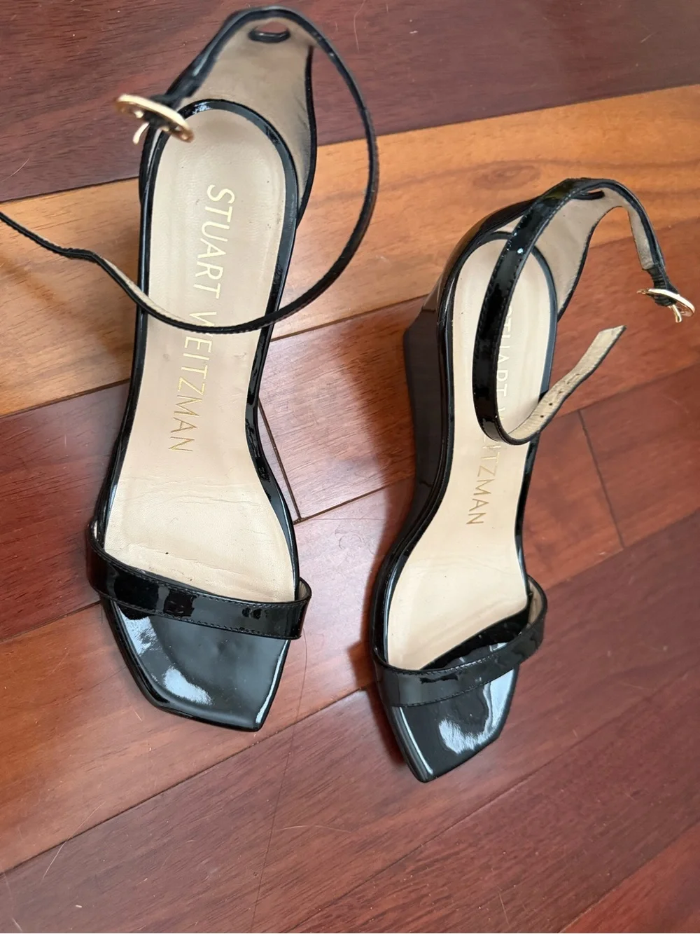 Stuart Weitzman Black Patent Ankle-Strap Wedges - Picture 2 of 7